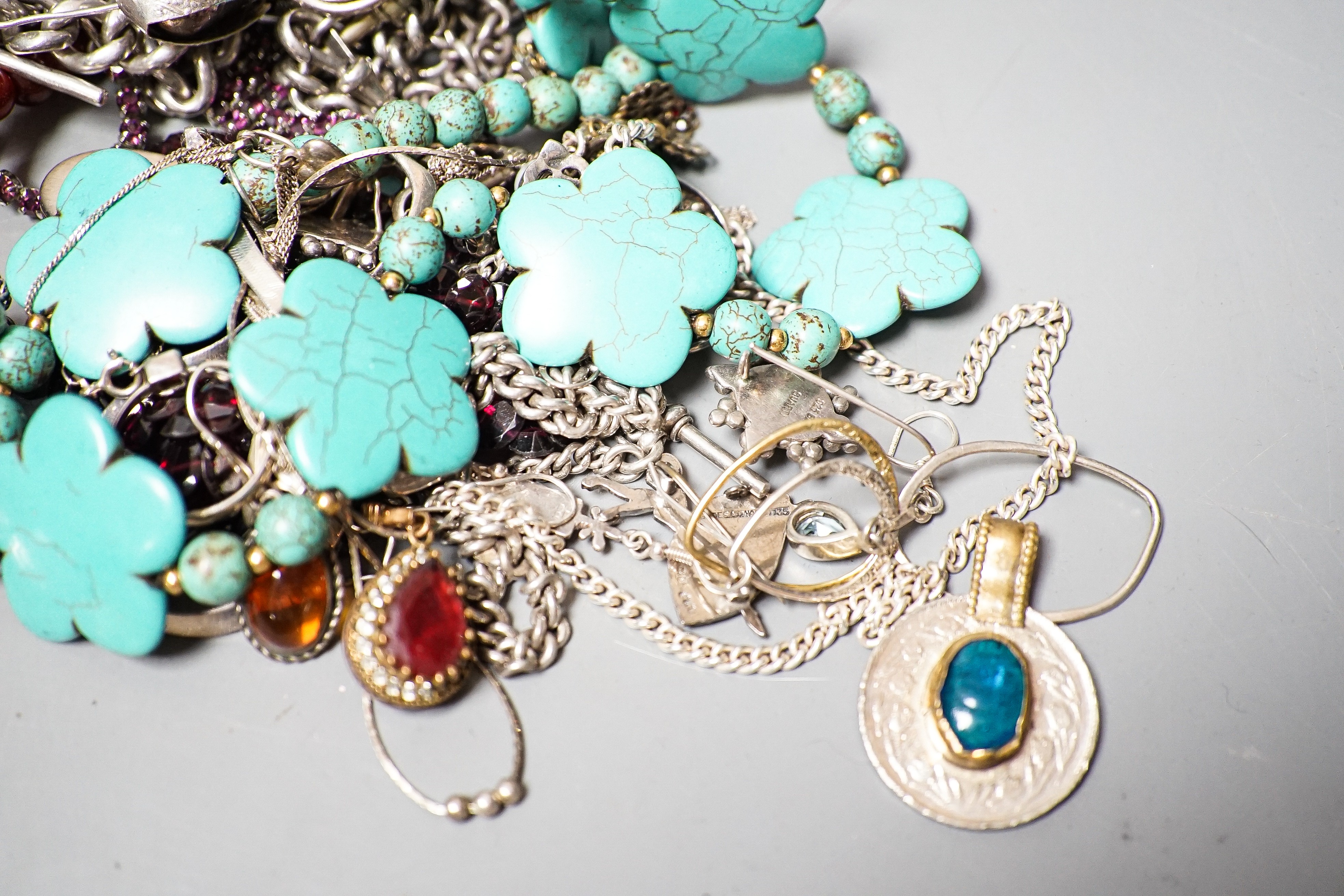 Mixed jewellery etc. including jet, silver and white metal and six amber set spoons.